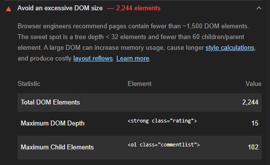 Avoid an excessive DOM size